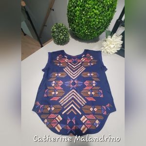 CATHERINE MALANDRINO Splendide haut fluide-extensible bleu avec motifs aztèques
